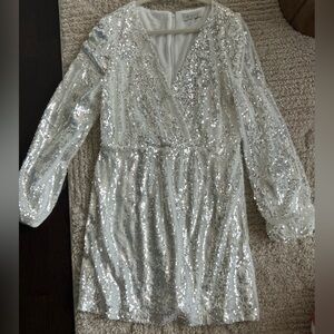 Wayf Silver Sequin Embellished White Dress